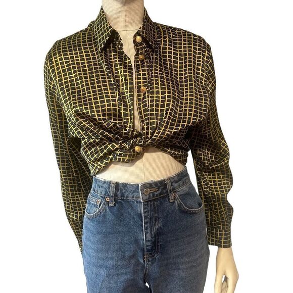 Basler Vintage Navy Blue/ Yellow Gold Plaid Pattern Button Down Satin Blouse - Picture 1 of 13